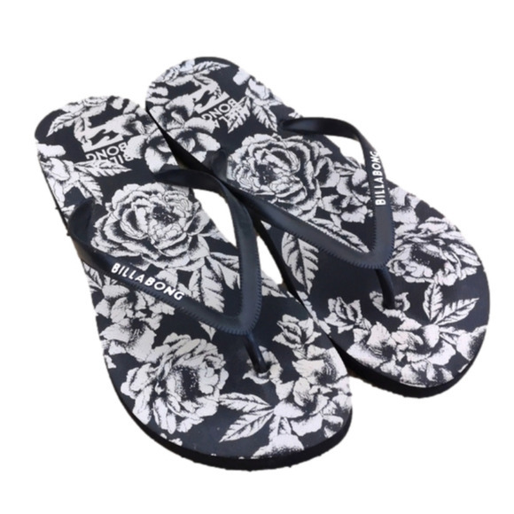 Billabong Shoes - NWOT Billabong Ladies Black & White Floral Flip-flops (Size Lg 9-10)